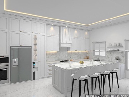 Dapur putih dengan island, kabinet tinggi dan meja marmer