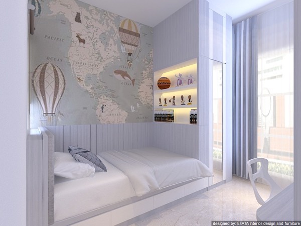 Kamar anak dengan tempat tidur, wallpaper peta dunia dan lemari
