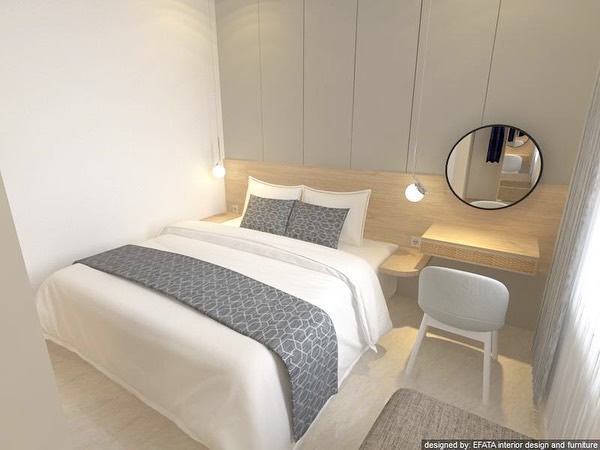 Kamar dengan tempat tidur kayu dan meja rias cermin bulat